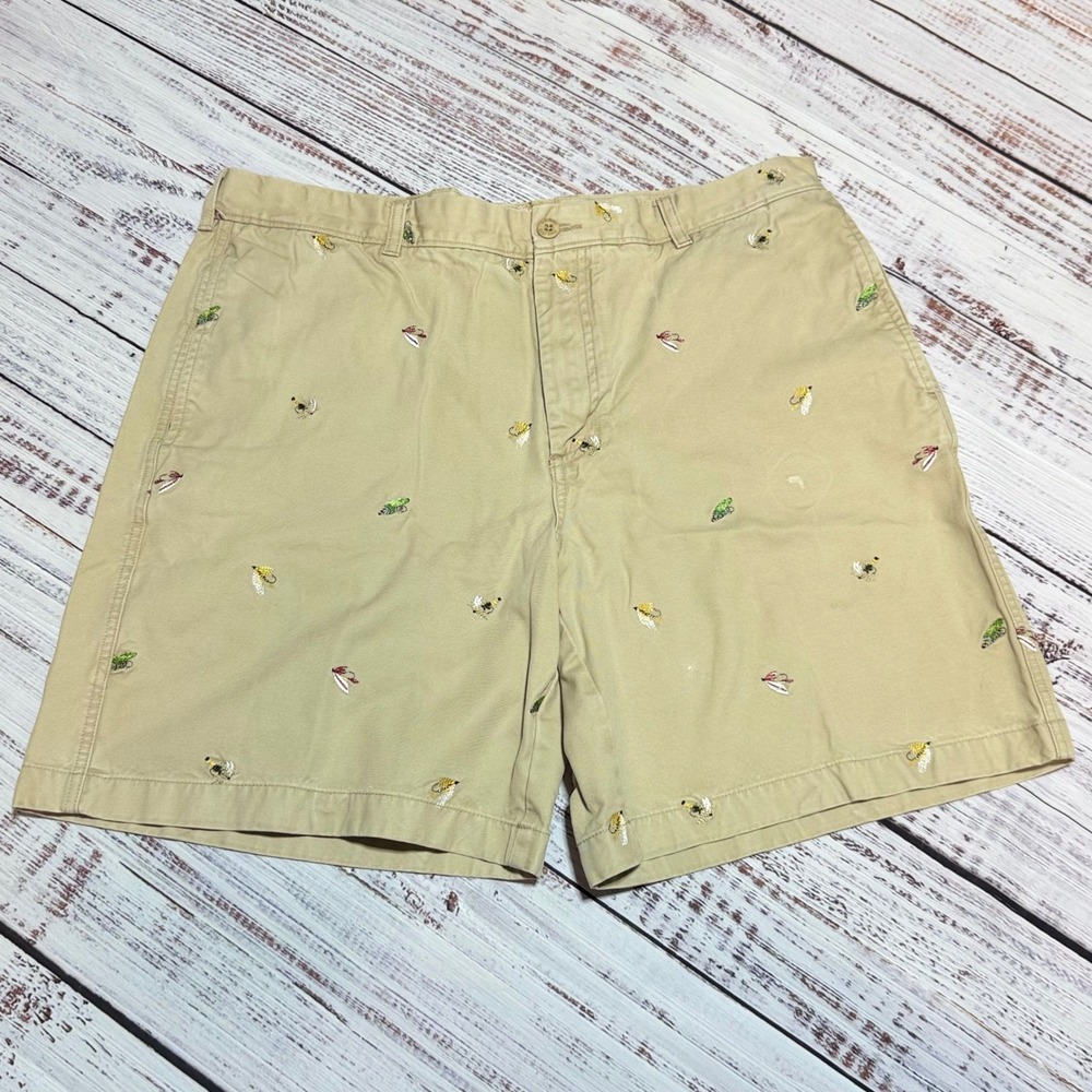 LL Bean fly Fishing Lure Embroidered Shorts 38W Khaki Tan Cotton Chino OHYY3